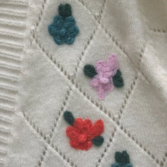Ivory Diamond-Knit Cardigan with Floral Embroidery Cottagecore Cardigan - Picture 9 of 9